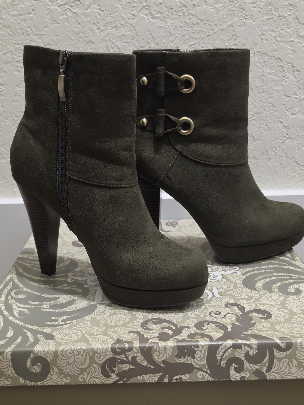 Olive Green Suede High-Heel Ankle Booties with Grommet Detail